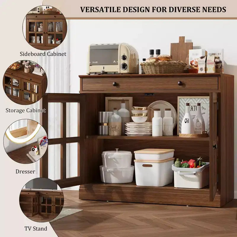 35,4 Buffets Bahuts avec Porte Vitrée, Meuble de Rangement pour Salle à Manger, Cuisine