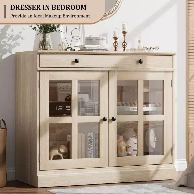35,4 Buffets Bahuts avec Porte Vitrée, Meuble de Rangement pour Salle à Manger, Cuisine
