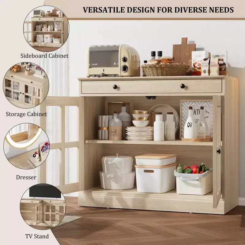 35,4 Buffets Bahuts avec Porte Vitrée, Meuble de Rangement pour Salle à Manger, Cuisine