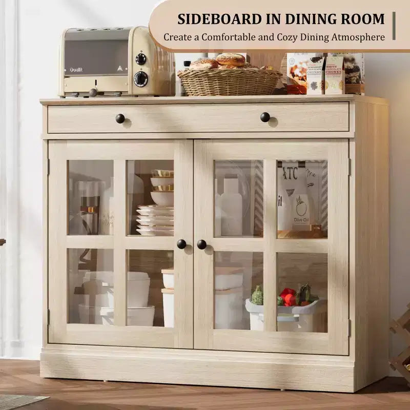 35,4 Buffets Bahuts avec Porte Vitrée, Meuble de Rangement pour Salle à Manger, Cuisine