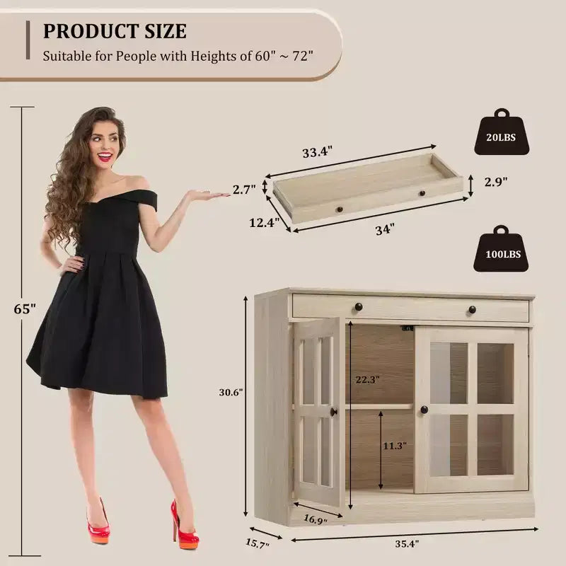 35,4 Buffets Bahuts avec Porte Vitrée, Meuble de Rangement pour Salle à Manger, Cuisine