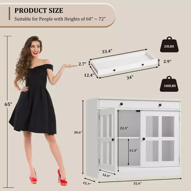 35,4 Buffets Bahuts avec Porte Vitrée, Meuble de Rangement pour Salle à Manger, Cuisine