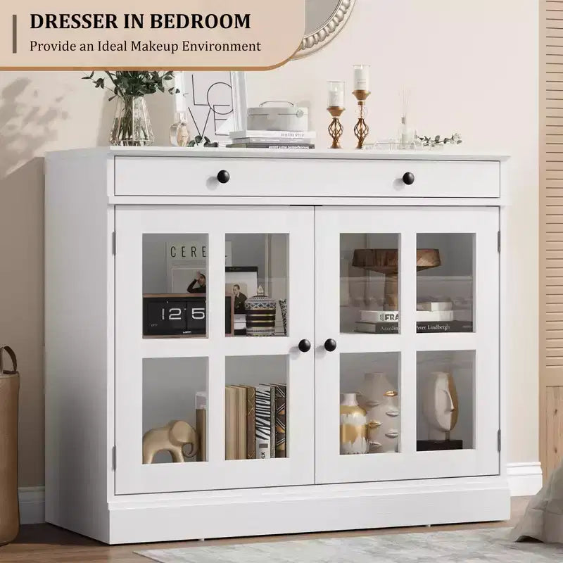 35,4 Buffets Bahuts avec Porte Vitrée, Meuble de Rangement pour Salle à Manger, Cuisine