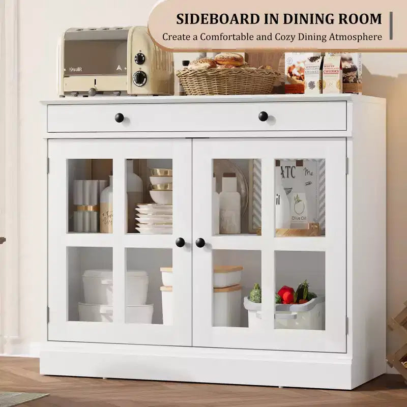 35,4 Buffets Bahuts avec Porte Vitrée, Meuble de Rangement pour Salle à Manger, Cuisine