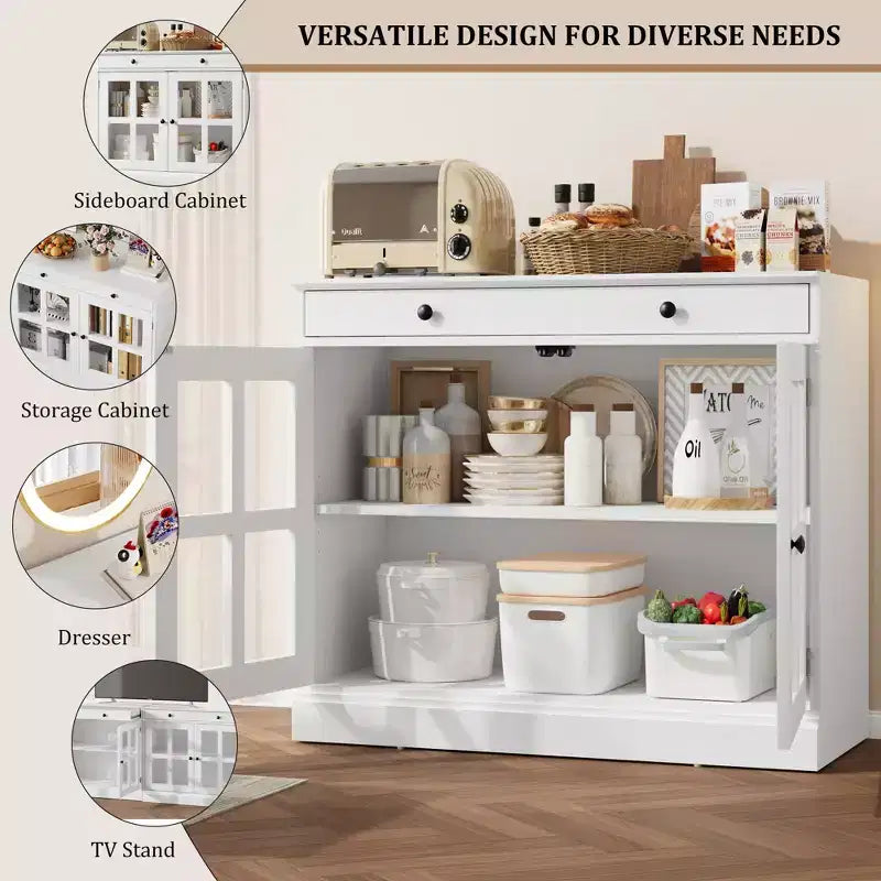35,4 Buffets Bahuts avec Porte Vitrée, Meuble de Rangement pour Salle à Manger, Cuisine
