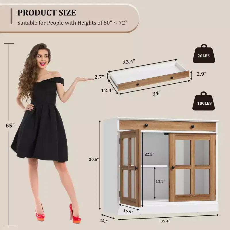 35,4 Buffets Bahuts avec Porte Vitrée, Meuble de Rangement pour Salle à Manger, Cuisine