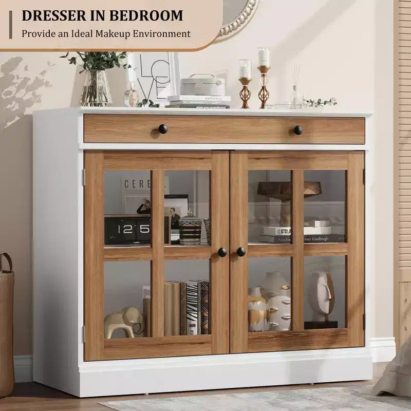 35,4 Buffets Bahuts avec Porte Vitrée, Meuble de Rangement pour Salle à Manger, Cuisine