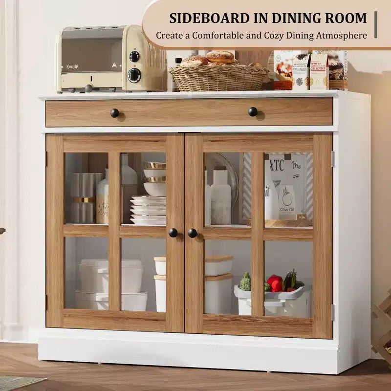 35,4 Buffets Bahuts avec Porte Vitrée, Meuble de Rangement pour Salle à Manger, Cuisine