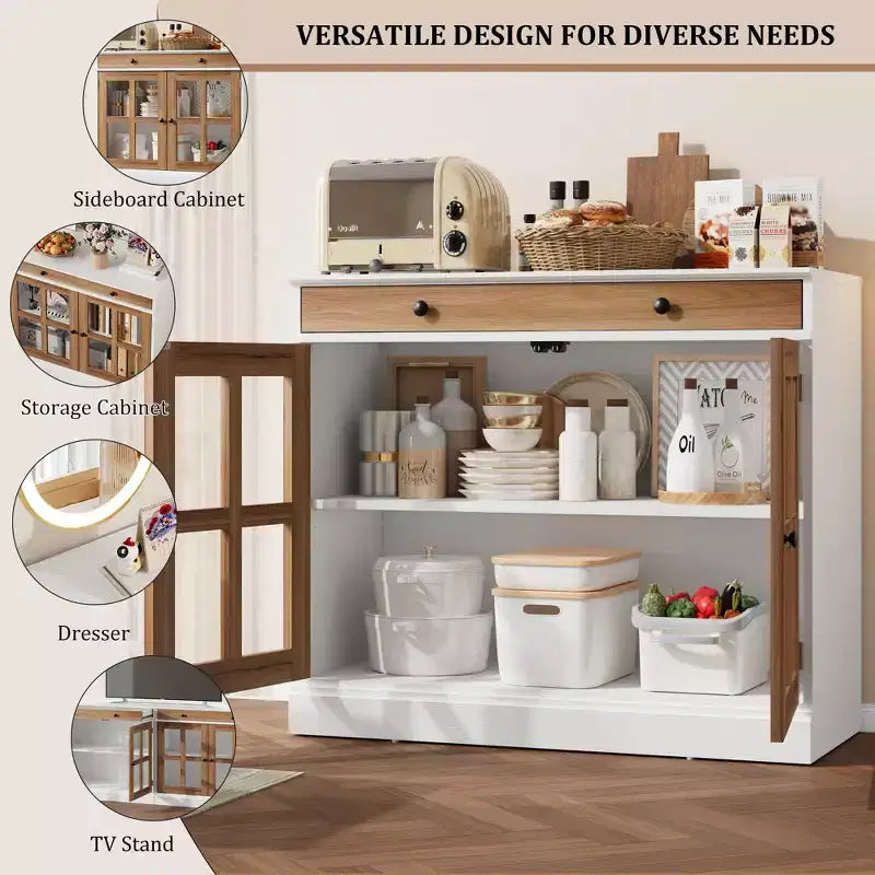 35,4 Buffets Bahuts avec Porte Vitrée, Meuble de Rangement pour Salle à Manger, Cuisine