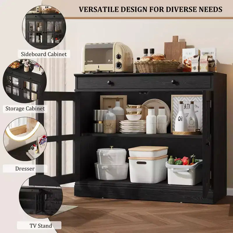 35,4 Buffets Bahuts avec Porte Vitrée, Meuble de Rangement pour Salle à Manger, Cuisine