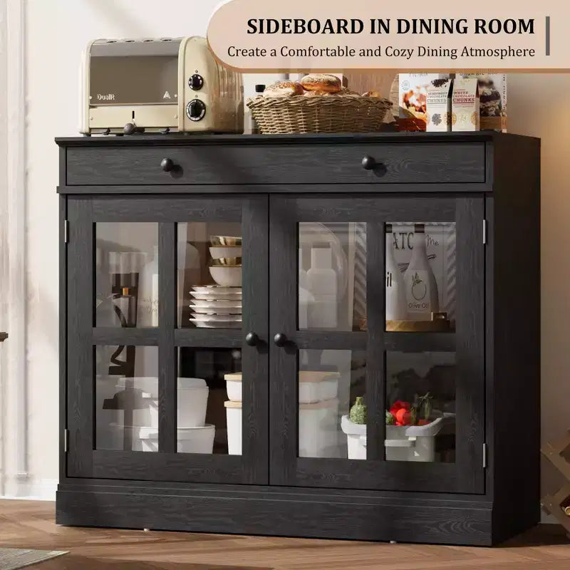 35,4 Buffets Bahuts avec Porte Vitrée, Meuble de Rangement pour Salle à Manger, Cuisine