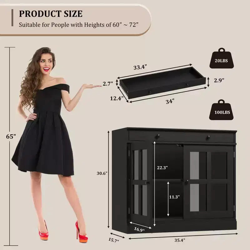 35,4 Buffets Bahuts avec Porte Vitrée, Meuble de Rangement pour Salle à Manger, Cuisine