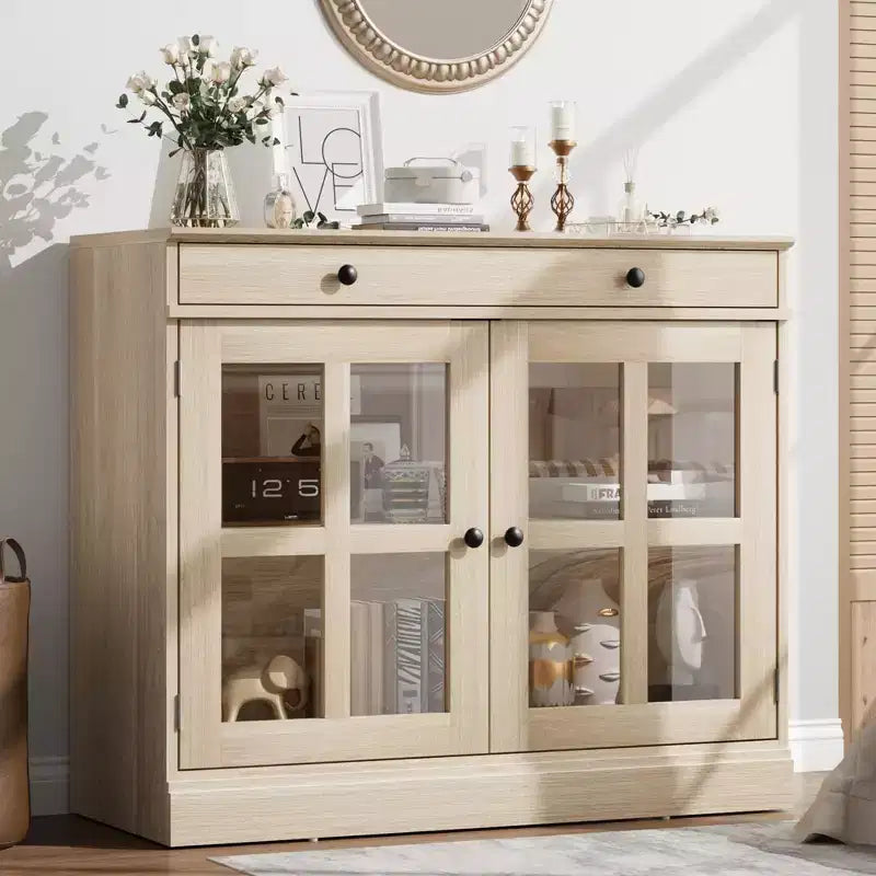 35,4 Buffets Bahuts avec Porte Vitrée, Meuble de Rangement pour Salle à Manger, Cuisine