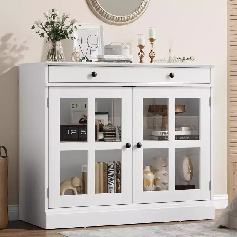 35,4 Buffets Bahuts avec Porte Vitrée, Meuble de Rangement pour Salle à Manger, Cuisine
