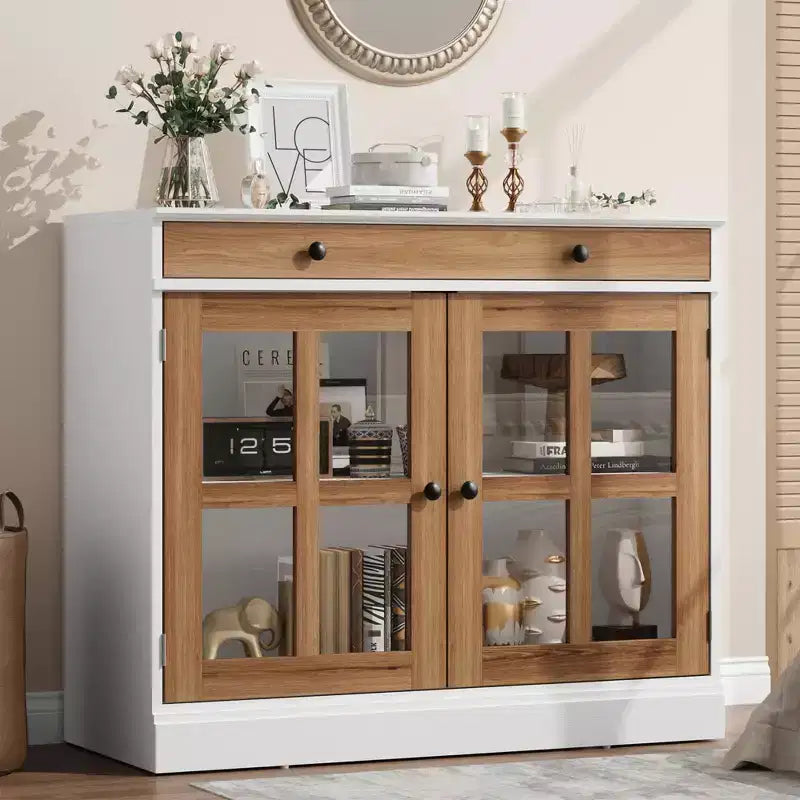 35,4 Buffets Bahuts avec Porte Vitrée, Meuble de Rangement pour Salle à Manger, Cuisine