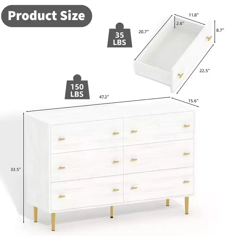 Commode de chambre à 6 tiroirs style ferme, 120 cm de large, blanche rustique avec texture naturelle, organiseur de tiroirs