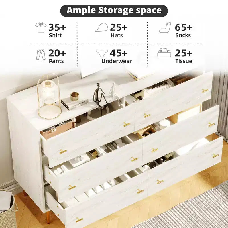 Commode de chambre à 6 tiroirs style ferme, 120 cm de large, blanche rustique avec texture naturelle, organiseur de tiroirs