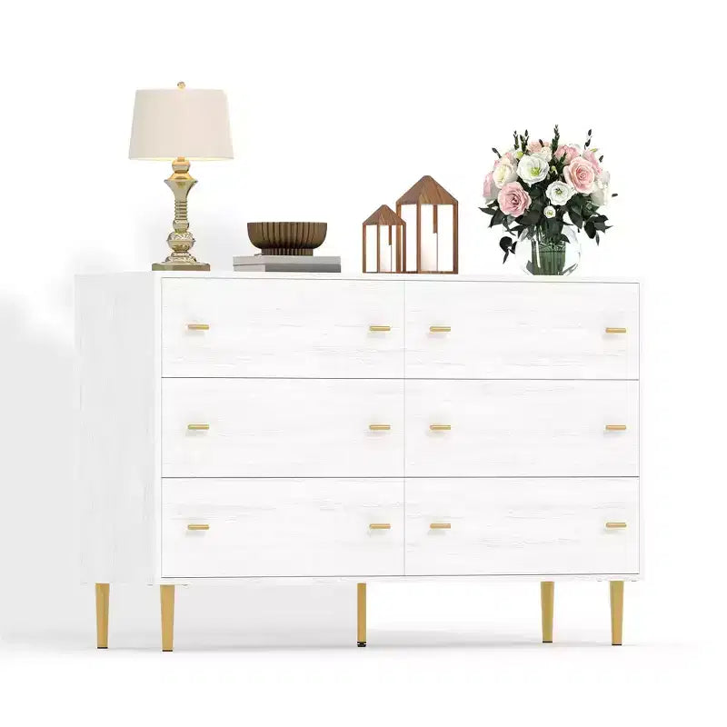 Commode de chambre à 6 tiroirs style ferme, 120 cm de large, blanche rustique avec texture naturelle, organiseur de tiroirs