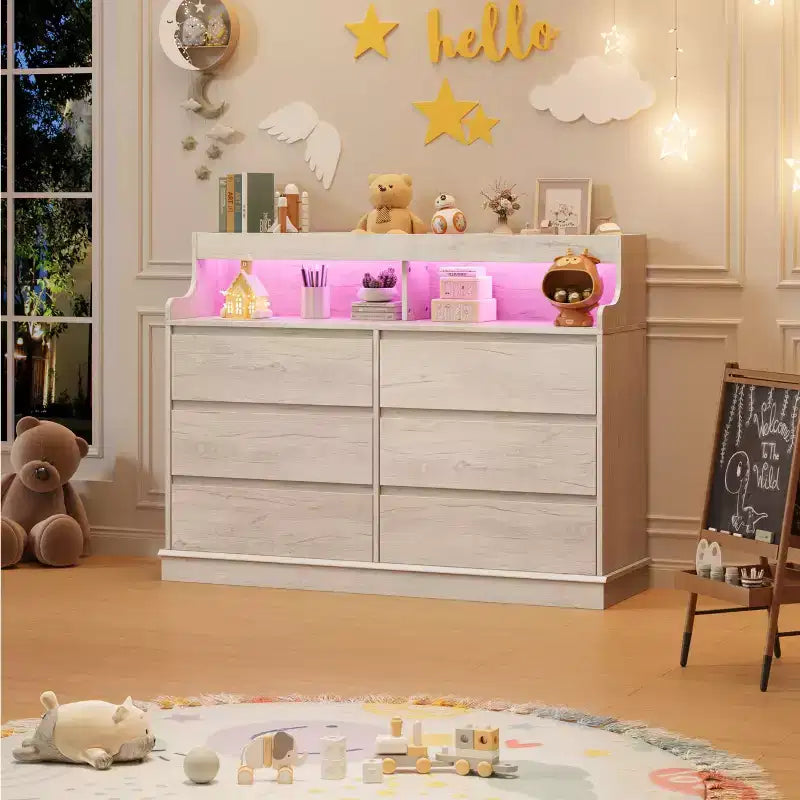 Commode de chambre à coucher, commode large à 6 tiroirs, meuble de rangement moderne de grande capacité