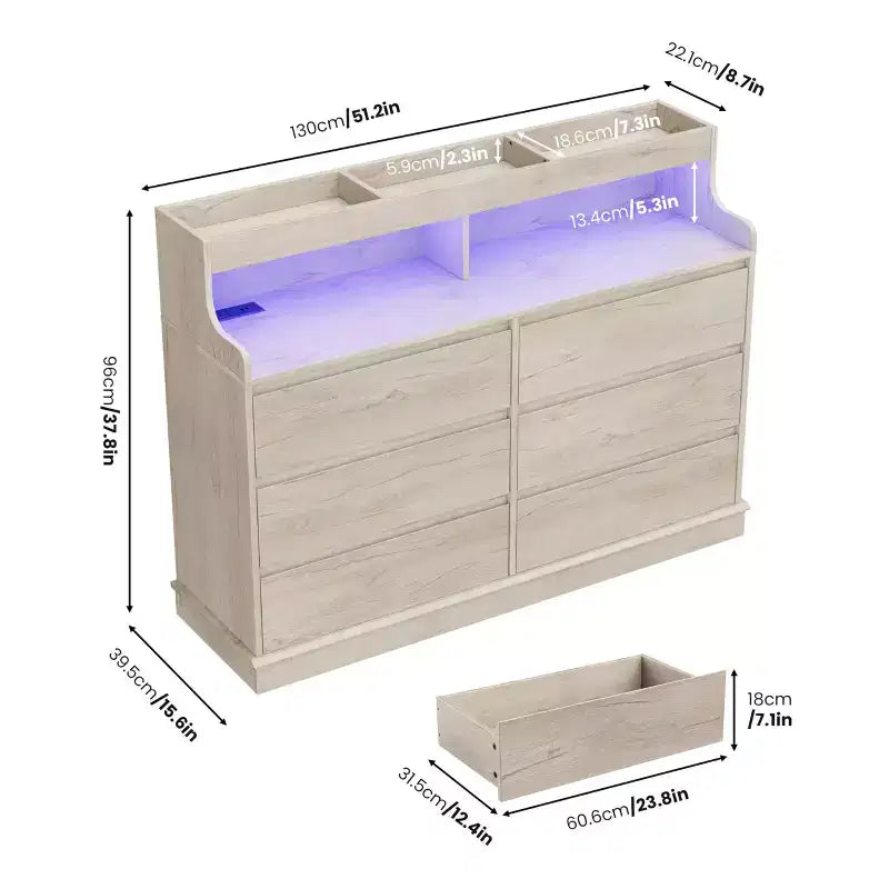 Commode de chambre à coucher, commode large à 6 tiroirs, meuble de rangement moderne de grande capacité
