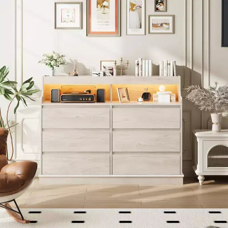 Commode de chambre à coucher, commode large à 6 tiroirs, meuble de rangement moderne de grande capacité