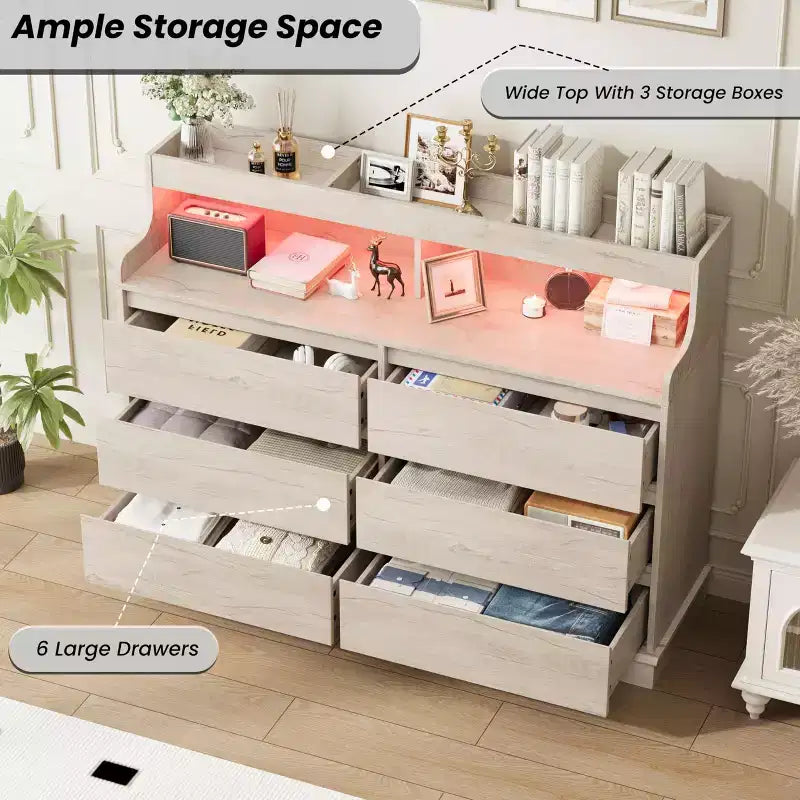 Commode de chambre à coucher, commode large à 6 tiroirs, meuble de rangement moderne de grande capacité