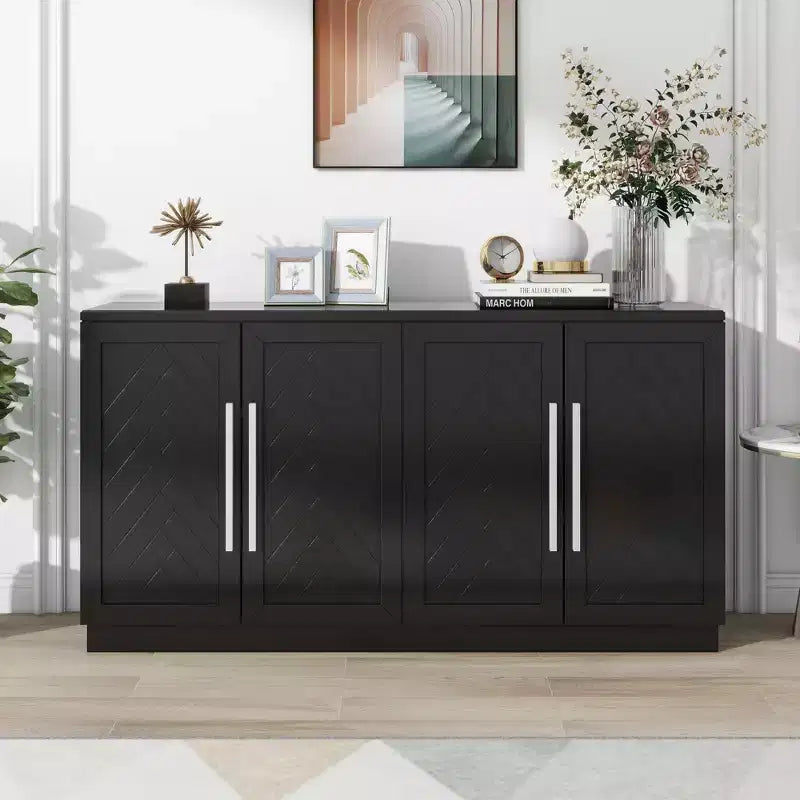 Meuble de rangement à 4 portes avec poignées argentées et étagères réglables, buffet en bois pour cuisine/salle à manger/couloir