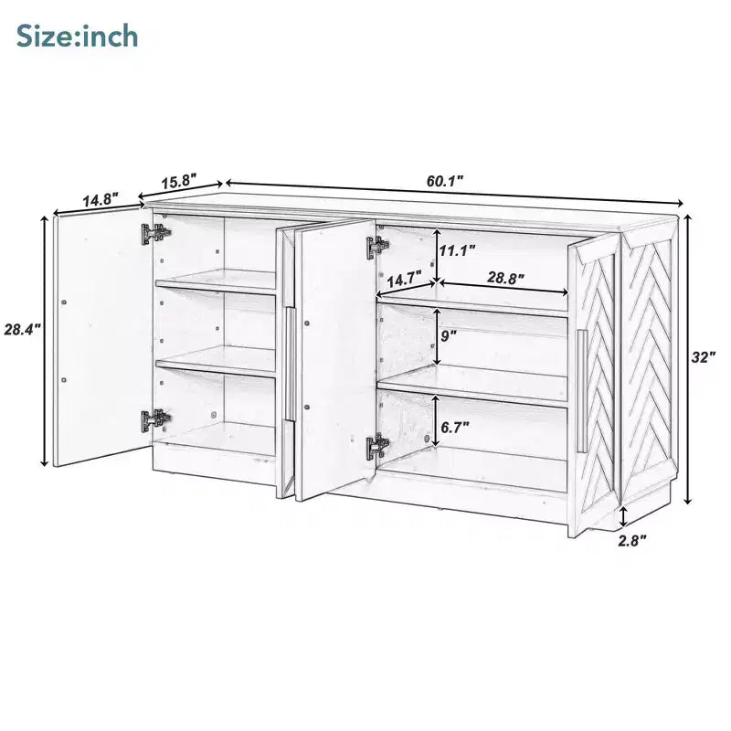 Meuble de rangement à 4 portes avec poignées argentées et étagères réglables, buffet en bois pour cuisine/salle à manger/couloir