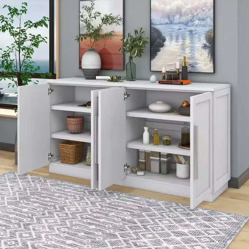 Meuble de rangement à 4 portes avec poignées argentées et étagères réglables, buffet en bois pour cuisine/salle à manger/couloir