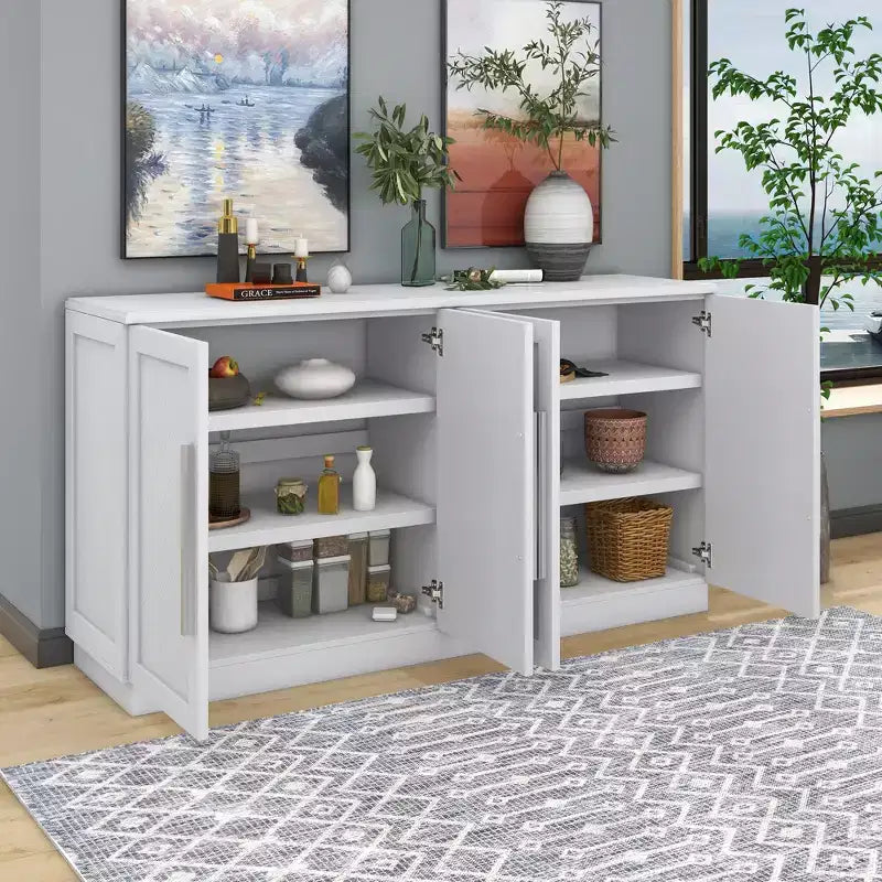 Meuble de rangement à 4 portes avec poignées argentées et étagères réglables, buffet en bois pour cuisine/salle à manger/couloir