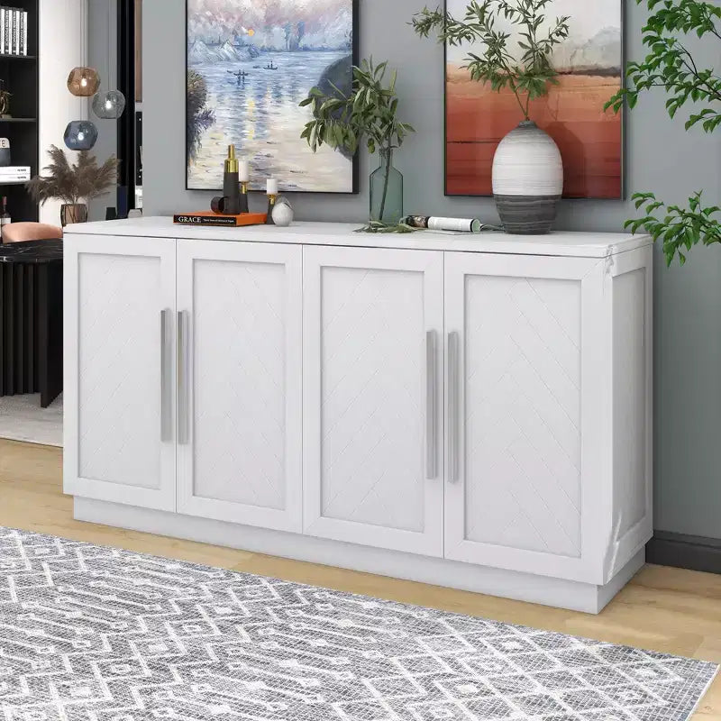 Meuble de rangement à 4 portes avec poignées argentées et étagères réglables, buffet en bois pour cuisine/salle à manger/couloir