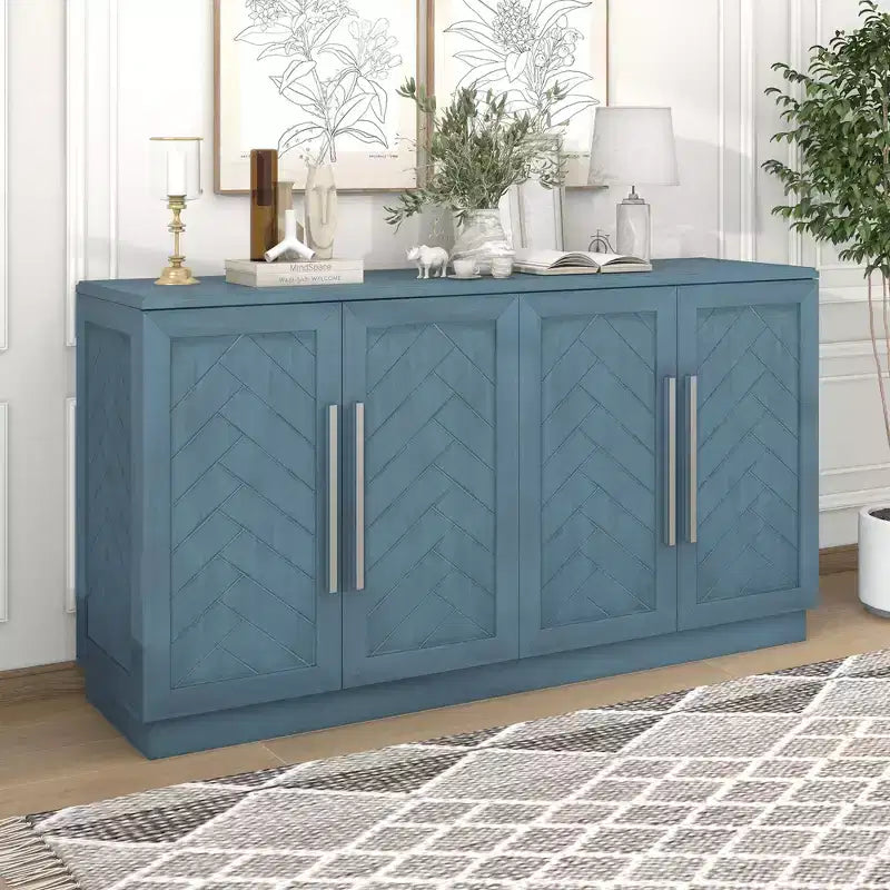 Meuble de rangement à 4 portes avec poignées argentées et étagères réglables, buffet en bois pour cuisine/salle à manger/couloir