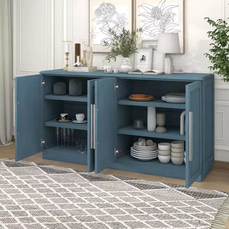 Meuble de rangement à 4 portes avec poignées argentées et étagères réglables, buffet en bois pour cuisine/salle à manger/couloir