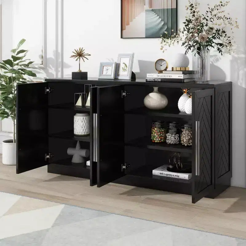 Meuble de rangement à 4 portes avec poignées argentées et étagères réglables, buffet en bois pour cuisine/salle à manger/couloir