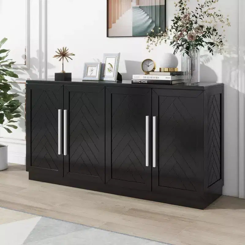 Meuble de rangement à 4 portes avec poignées argentées et étagères réglables, buffet en bois pour cuisine/salle à manger/couloir