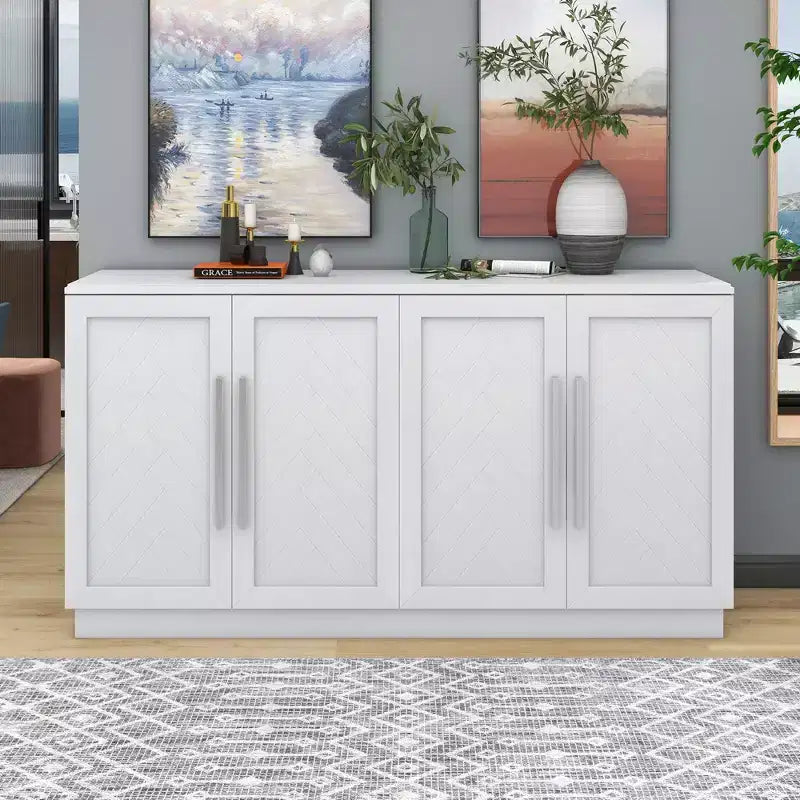 Meuble de rangement à 4 portes avec poignées argentées et étagères réglables, buffet en bois pour cuisine/salle à manger/couloir
