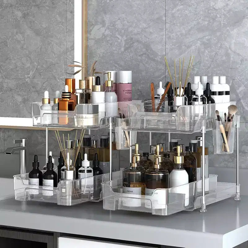 Organisateur de maquillage coulissant, étagères coulissantes transparentes à 2 niveaux avec séparateurs, 21 x 29 x 22 cm (LxPxH) pour cuisine/salle de bain