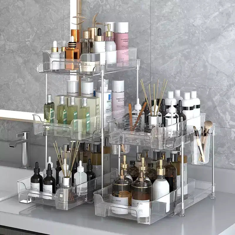 Organisateur de maquillage coulissant, étagères coulissantes transparentes à 2 niveaux avec séparateurs, 21 x 29 x 22 cm (LxPxH) pour cuisine/salle de bain