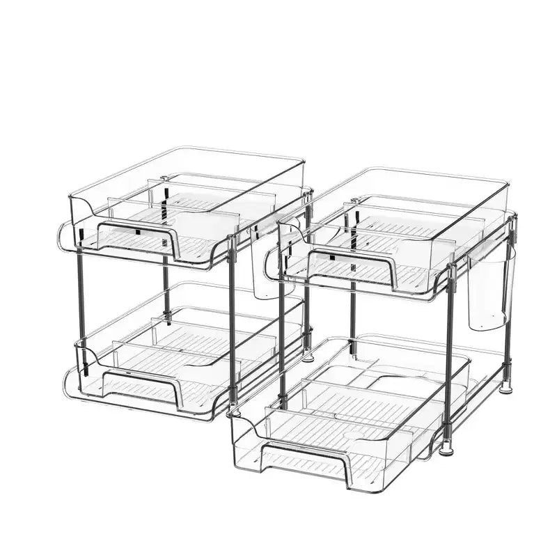 Organisateur de maquillage coulissant, étagères coulissantes transparentes à 2 niveaux avec séparateurs, 21 x 29 x 22 cm (LxPxH) pour cuisine/salle de bain