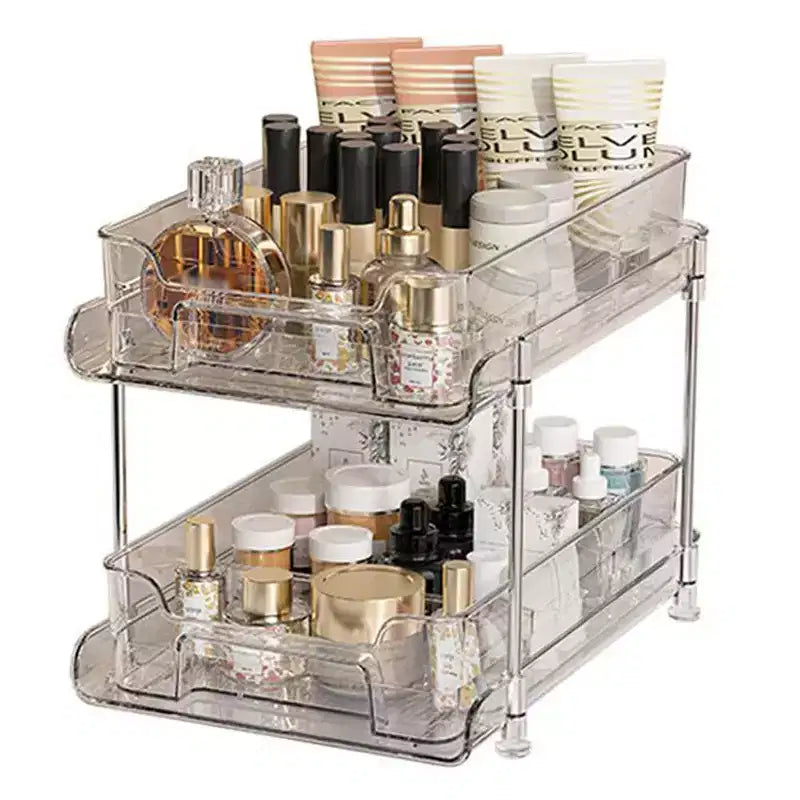 Organisateur de maquillage coulissant, étagères coulissantes transparentes à 2 niveaux avec séparateurs, 21 x 29 x 22 cm (LxPxH) pour cuisine/salle de bain
