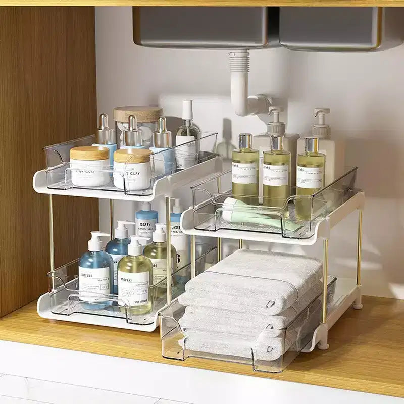 Organisateur de maquillage coulissant, étagères coulissantes transparentes à 2 niveaux avec séparateurs, 21 x 29 x 22 cm (LxPxH) pour cuisine/salle de bain
