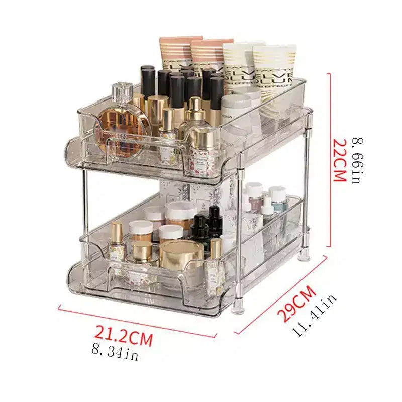 Organisateur de maquillage coulissant, étagères coulissantes transparentes à 2 niveaux avec séparateurs, 21 x 29 x 22 cm (LxPxH) pour cuisine/salle de bain