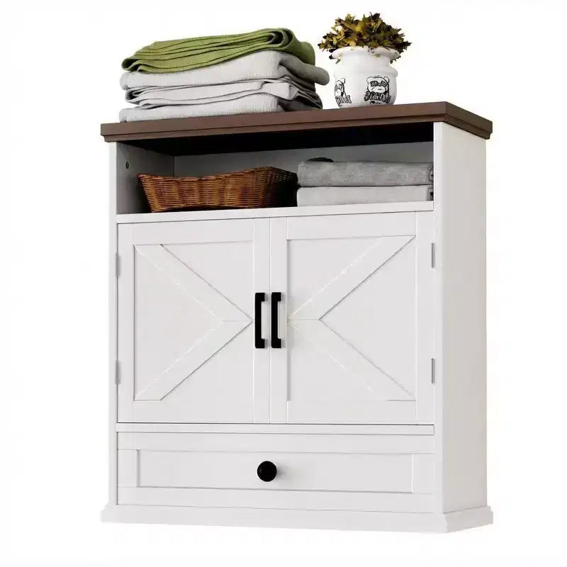 Armoire murale de salle de bain de style fermette avec doubles portes coulissantes, tiroir et étagère réglable, 61 cm de large, blanche