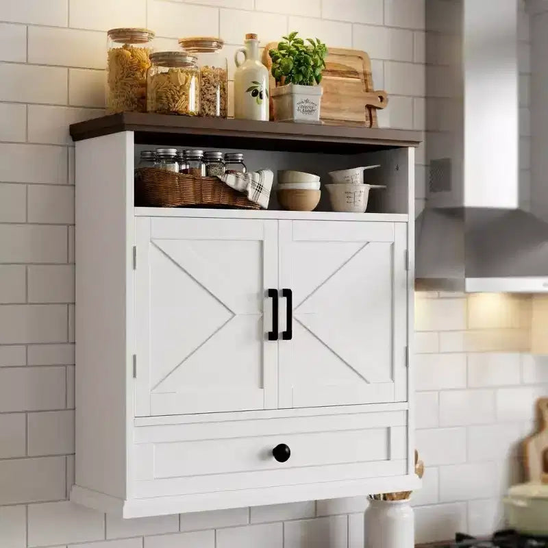 Armoire murale de salle de bain de style fermette avec doubles portes coulissantes, tiroir et étagère réglable, 61 cm de large, blanche