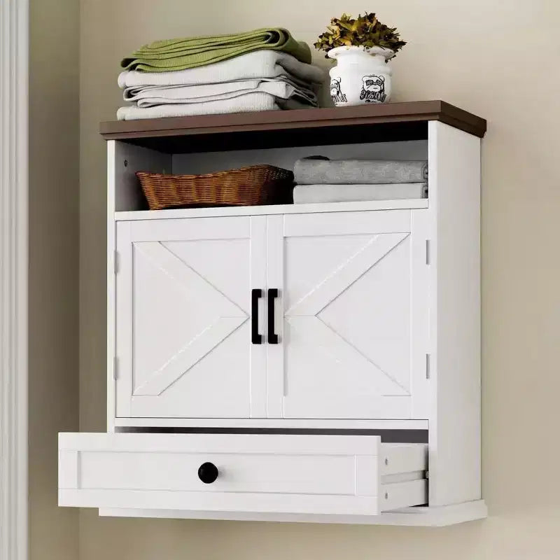 Armoire murale de salle de bain de style fermette avec doubles portes coulissantes, tiroir et étagère réglable, 61 cm de large, blanche
