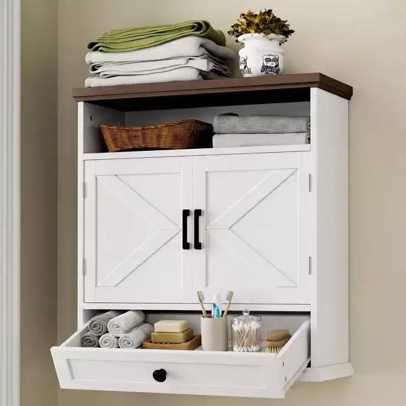 Armoire murale de salle de bain de style fermette avec doubles portes coulissantes, tiroir et étagère réglable, 61 cm de large, blanche