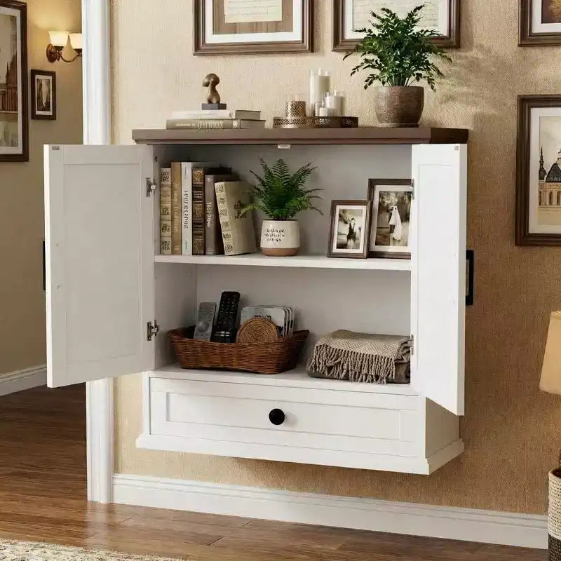 Armoire murale de salle de bain de style fermette avec doubles portes coulissantes, tiroir et étagère réglable, 61 cm de large, blanche