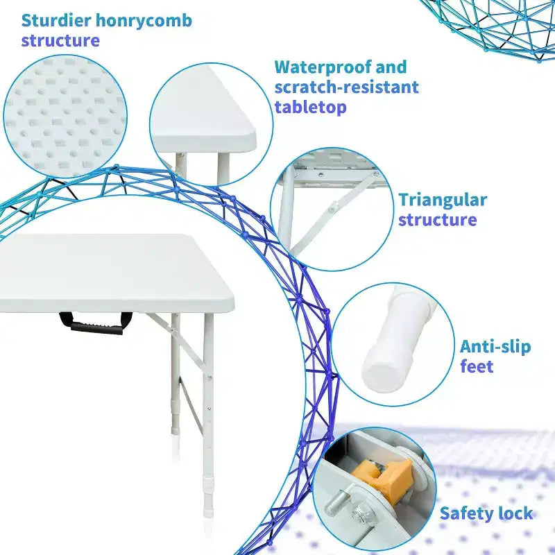 Table pliante robuste 4FT, Table pliable portable en plastique avec poignée, Pieds antidérapants, Étanche et facile à nettoyer, pour utilisation intérieure et extérieure