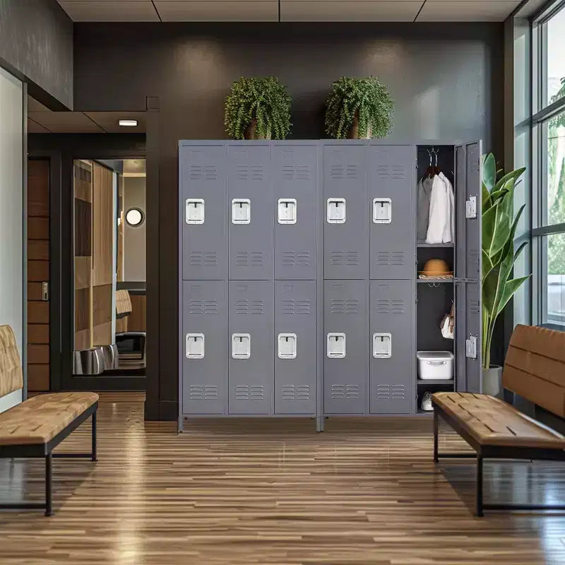 Casier métallique gris à 6 portes de 183 cm de haut avec serrure, cintres pour les employés, armoire de rangement