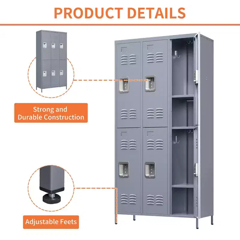 Casier métallique gris à 6 portes de 183 cm de haut avec serrure, cintres pour les employés, armoire de rangement